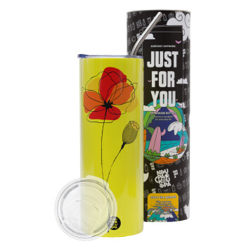 Red poppy flowers papaver, Neon Yellow Travel Tumbler θερμό, μεταλλικό καλαμάκι(Ανωξείδωτο 304 Food grade, BPA free, 600ml)