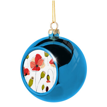 Red poppy flowers papaver, Blue Christmas tree ball ornament 8cm