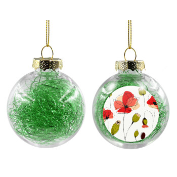 Red poppy flowers papaver, Transparent Christmas tree ball ornament with green filling 8cm