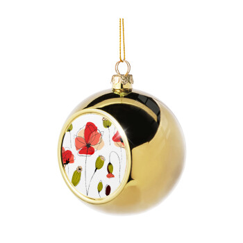 Red poppy flowers papaver, Golden Christmas tree ball ornament 8cm