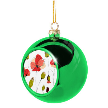 Red poppy flowers papaver, Green Christmas tree ornament ball 8cm