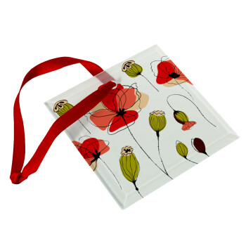 Red poppy flowers papaver, Christmas ornament, glass square ornament 9x9cm