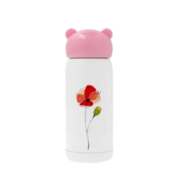Red poppy flowers papaver, Pink stainless steel thermal flask, 320ml