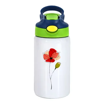 Red poppy flowers papaver, Children's hot water bottle, stainless steel, with safety straw, green, blue (350ml)