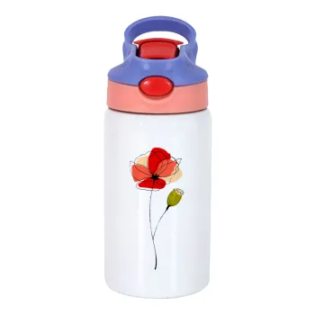 Red poppy flowers papaver, Παιδικό παγούρι θερμό, ανοξείδωτο, με καλαμάκι ασφαλείας, ροζ/μωβ (350ml)