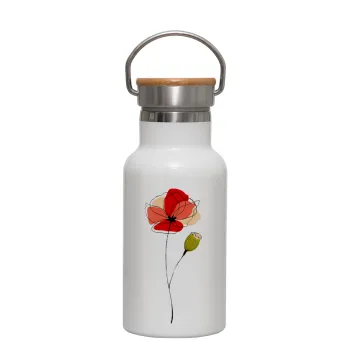 Red poppy flowers papaver, Μεταλλικό παγούρι θερμός (Stainless steel) Λευκό με ξύλινο καπακι (bamboo), διπλού τοιχώματος, 350ml