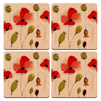 Red poppy flowers papaver, ΣΕΤ x4 Σουβέρ ξύλινα τετράγωνα plywood (9cm)