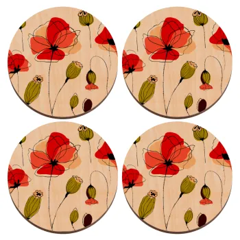 Red poppy flowers papaver, ΣΕΤ x4 Σουβέρ ξύλινα στρογγυλά plywood (9cm)