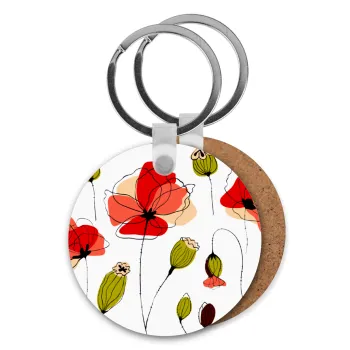 Red poppy flowers papaver, Μπρελόκ Ξύλινο στρογγυλό MDF Φ5cm