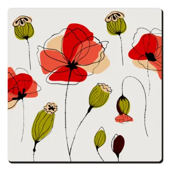 Red poppy flowers papaver, Τετράγωνο μαγνητάκι ξύλινο 6x6cm