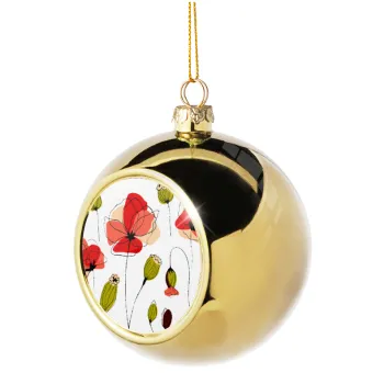 Red poppy flowers papaver, Golden Christmas tree ball ornament 8cm