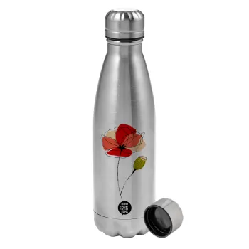 Red poppy flowers papaver, Metallic water bottle, stainless steel, 750ml