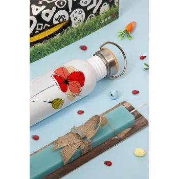 Red poppy flowers papaver, Πασχαλινή Λαμπάδα με παγούρι μεταλλικό (620ml, stainless steel) & κερί αρωματικό πλακέ (30cm) (ΤΙΡΚΟΥΑΖ)