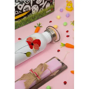 Red poppy flowers papaver, Πασχαλινή Λαμπάδα με παγούρι μεταλλικό (620ml, stainless steel) & κερί αρωματικό πλακέ (30cm) (ΡΟΖ)