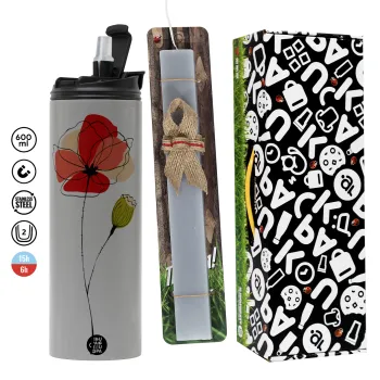 Red poppy flowers papaver, Πασχαλινή Λαμπάδα με Travel Tumbler θερμό (600ml, BPA free) & κερί αρωματικό πλακέ (30cm) (ΓΚΡΙ)