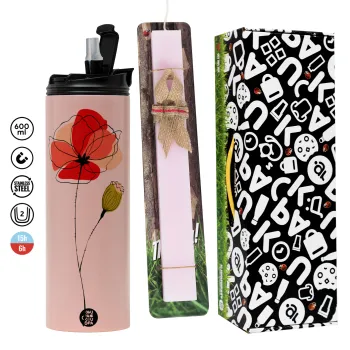 Red poppy flowers papaver, Πασχαλινή Λαμπάδα με  ΡΟΖ Travel Tumbler θερμό (600ml, BPA free) & κερί αρωματικό πλακέ (30cm) (ΡΟΖ)