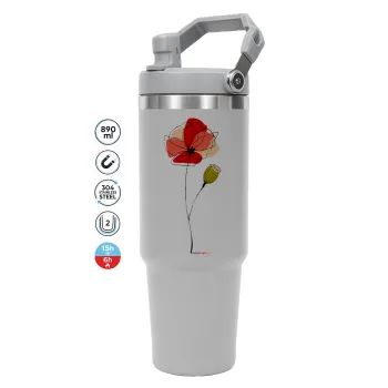 Red poppy flowers papaver, ΓΚΡΙ Travel Tumbler Θερμός με χερούλι και καλαμάκι 890ml