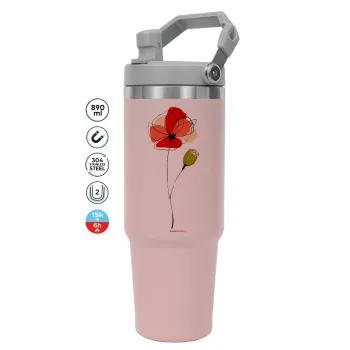 Red poppy flowers papaver, ΡΟΖ Travel Tumbler Θερμός με χερούλι και καλαμάκι 890ml
