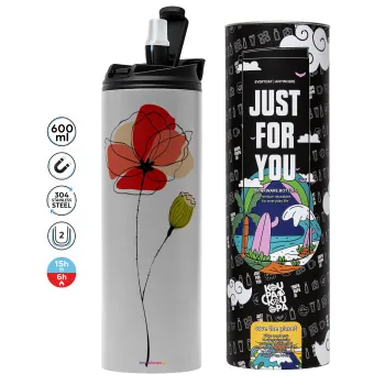 Red poppy flowers papaver, Tumbler ποτήρι θερμό ΓΚΡΙ από ανοξείδωτο ατσάλι 600ml