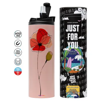 Red poppy flowers papaver, Tumbler ποτήρι θερμό ΡΟΖ από ανοξείδωτο ατσάλι 600ml