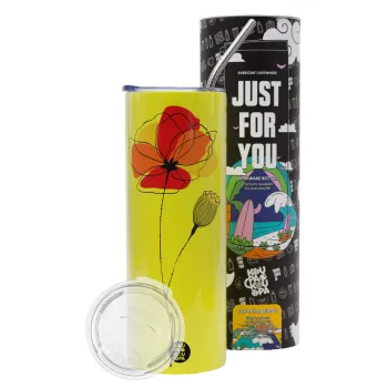 Red poppy flowers papaver, Neon Yellow Travel Tumbler θερμό, μεταλλικό καλαμάκι(Ανωξείδωτο 304 Food grade, BPA free, 600ml)