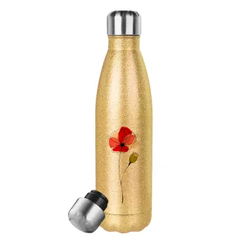 Red poppy flowers papaver, Μεταλλικό παγούρι θερμός Glitter χρυσό (Stainless steel), διπλού τοιχώματος, 500ml