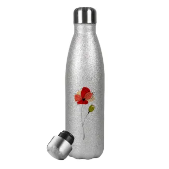 Red poppy flowers papaver, Μεταλλικό παγούρι θερμός Glitter Aσημένιο (Stainless steel), διπλού τοιχώματος, 500ml