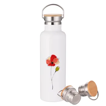 Red poppy flowers papaver, Μεταλλικό παγούρι θερμός (Stainless steel) Λευκό με ξύλινο καπάκι (bamboo), διπλού τοιχώματος, 750ml