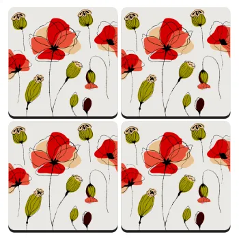 Red poppy flowers papaver, ΣΕΤ 4 Σουβέρ ξύλινα τετράγωνα (9cm)