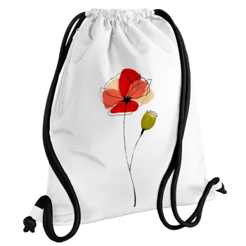 Red poppy flowers papaver, Backpack pouch GYMBAG white, with pocket (40x48cm) & thick cords