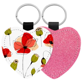 Red poppy flowers papaver, Μπρελόκ PU δερμάτινο glitter καρδιά ΡΟΖ
