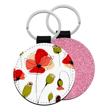 Red poppy flowers papaver, Μπρελόκ Δερματίνη, στρογγυλό ΡΟΖ (5cm)