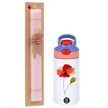 Red poppy flowers papaver, Easter Set, Children's thermal stainless steel water bottle with safety straw, pink/purple (350ml) & Easter scented flat candle (30cm) (PINK)