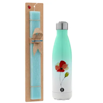 Red poppy flowers papaver, Easter Set, Metallic green/white thermos (Stainless steel), double-walled, 500ml & scented flat Easter candle (30cm) (TURQUOISE)