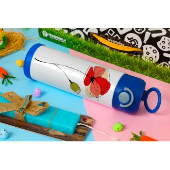 Red poppy flowers papaver, Easter candle, Childrens hot water bottle, stainless steel, with safety straw, BLUE (500ml)