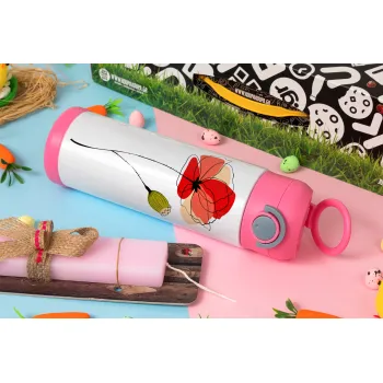 Red poppy flowers papaver, Easter candle, Childrens hot water bottle, stainless steel, with safety straw, PINK (500ml)