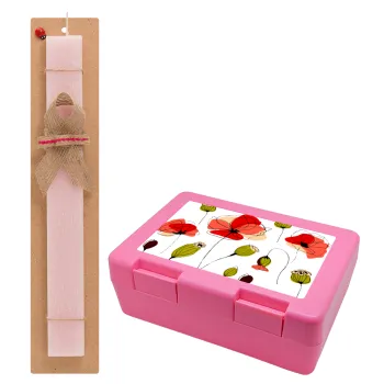 Red poppy flowers papaver, Easter Set, children's snack container PINK & scented flat Easter candle (30cm) (PINK)