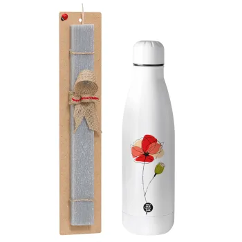 Red poppy flowers papaver, Easter Set, metallic stainless thermos bottle (500ml) & scented flat Easter candle (30cm) (GRAY)