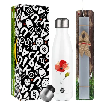Red poppy flowers papaver, Easter candle, metallic white thermos bottle (500ml) & aromatic flat candle (30cm) (GRAY)