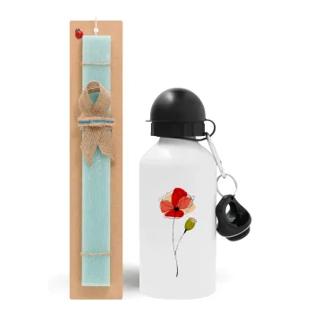 Red poppy flowers papaver, Easter Set, metallic aluminum water bottle (500ml) & scented flat candle (30cm) (TURQUOISE)
