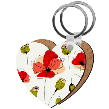 Red poppy flowers papaver, Μπρελόκ Ξύλινο καρδιά MDF
