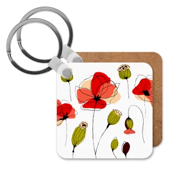 Red poppy flowers papaver, Μπρελόκ Ξύλινο τετράγωνο MDF