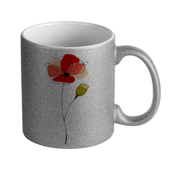 Red poppy flowers papaver, Κούπα Ασημένια Glitter που γυαλίζει, κεραμική, 330ml
