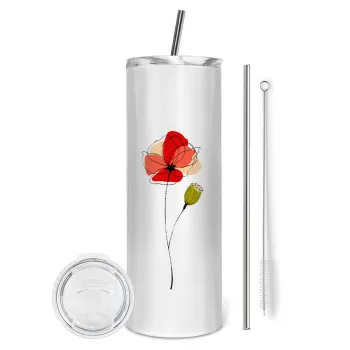 Red poppy flowers papaver, Tumbler stainless steel 600ml, with metal straw & cleaning brush