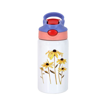 Daisies flower, Children's hot water bottle, stainless steel, with safety straw, pink/purple (350ml)