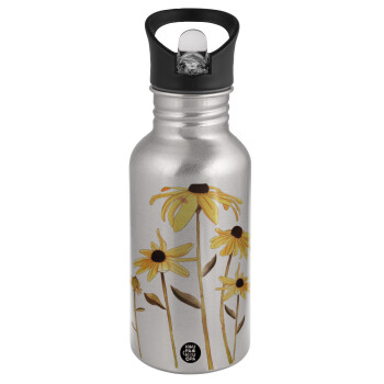 Daisies flower, Water bottle Silver with straw, stainless steel 500ml