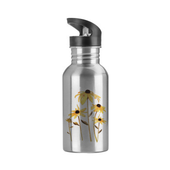Daisies flower, Water bottle Silver with straw, stainless steel 600ml