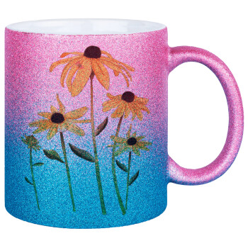 Daisies flower, Κούπα Χρυσή/Μπλε Glitter, κεραμική, 330ml