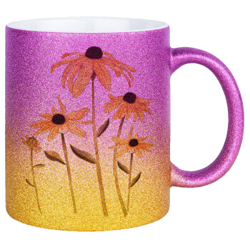 Daisies flower, Κούπα Χρυσή/Ροζ Glitter, κεραμική, 330ml