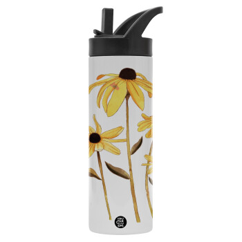 Daisies flower, Μεταλλικό παγούρι θερμός με καλαμάκι & χειρολαβή, ανοξείδωτο ατσάλι (Stainless steel 304), διπλού τοιχώματος, 600ml